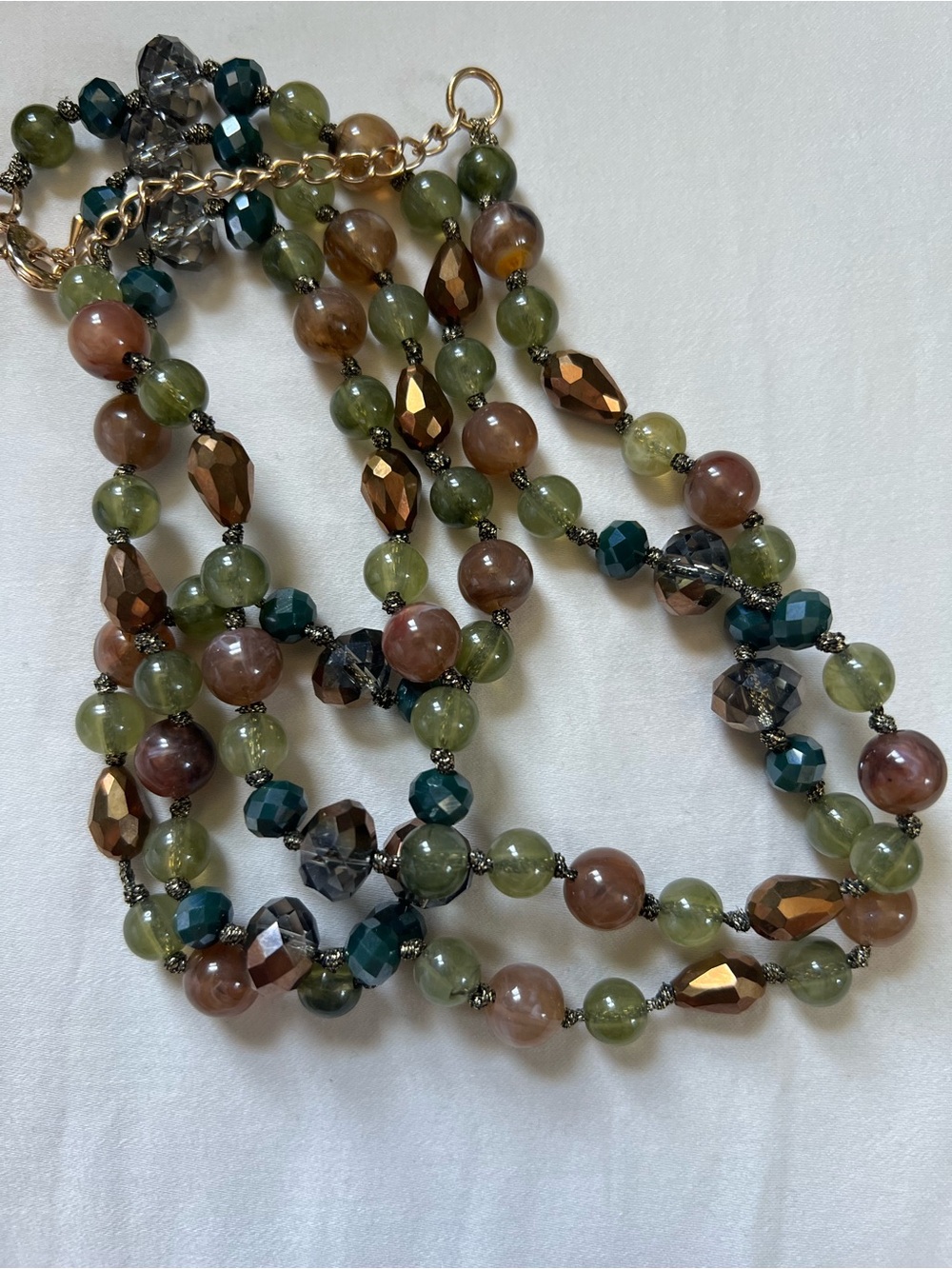Boho Long Multi-Color Beaded Statement Layering Necklace - Green, Brown & Teal